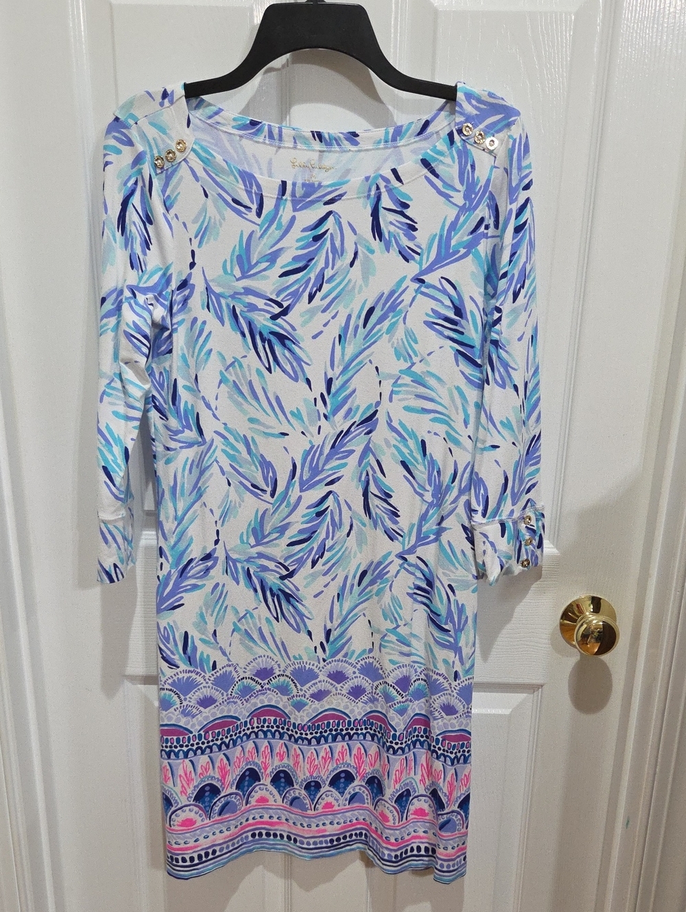 Women's Blue Leaf-Print Long Sleeve Dress with Gold-Tone Button Detail